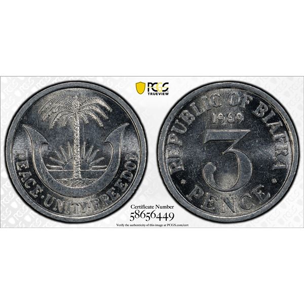 BIAFRA: Republic, 3 pence, 1969, PCGS MS64