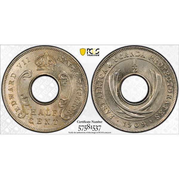 EAST AFRICA & UGANDA: Edward VII, 1901-1910, 1/2 cent, 1909, PCGS MS65