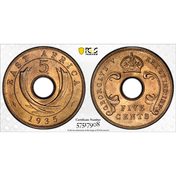EAST AFRICA & UGANDA: George V, 1910-1936, AE 5 cents, 1935, PCGS MS65 RB