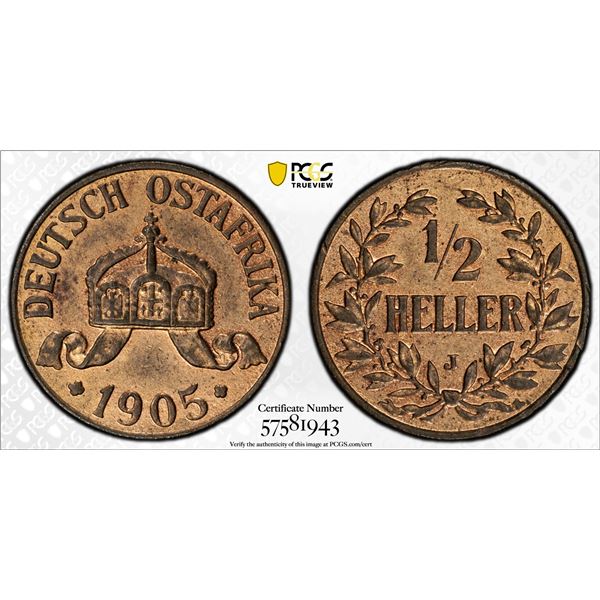 GERMAN EAST AFRICA: Wilhelm II, 1888-1918, AE 1/2 heller, 1905-J, PCGS UNC details