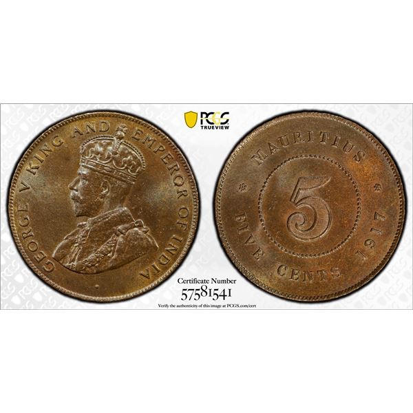 MAURITIUS: George V, 1910-1936, AE 5 cents, 1917, PCGS MS64 BN