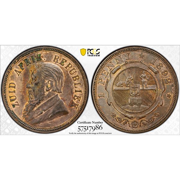 SOUTH AFRICA: Zuid-Afrikaansche Republiek, AE penny, 1892, PCGS UNC details