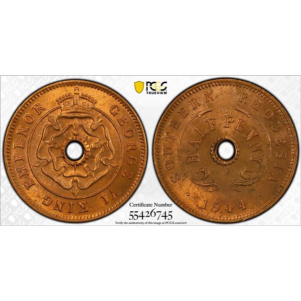 SOUTHERN RHODESIA: George VI, 1936-1952, AE 1/2 penny, 1944, PCGS MS64 RD