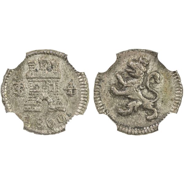 BOLIVIA: Carlos IV, 1788-1808, AR 1/4 real, 1800-PTS, NGC AU details
