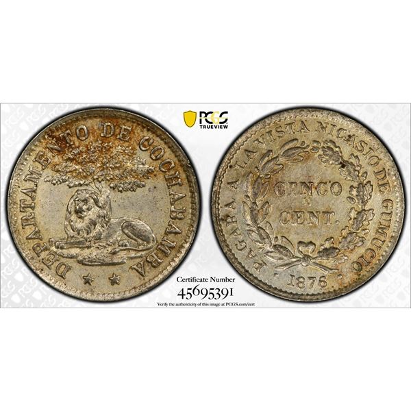 BOLIVIA: Cochabamba, 5 centavos, 1876, PCGS MS62