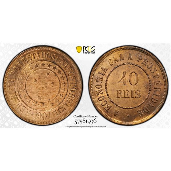 BRAZIL: Republic, AE 40 reis, 1901, PCGS MS64 RB