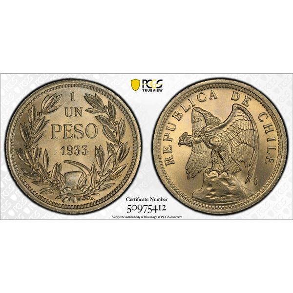 CHILE: Republic, 1 peso, 1933-So, PCGS MS66