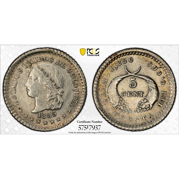 COLOMBIA: Republic, AR 5 centavos, Bogota, 1885, PCGS AU58