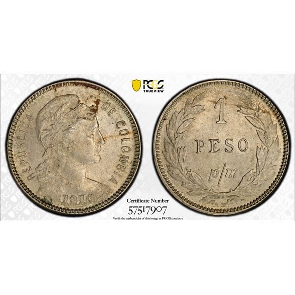 COLOMBIA: Republic, 1 peso, 1910, PCGS MS62