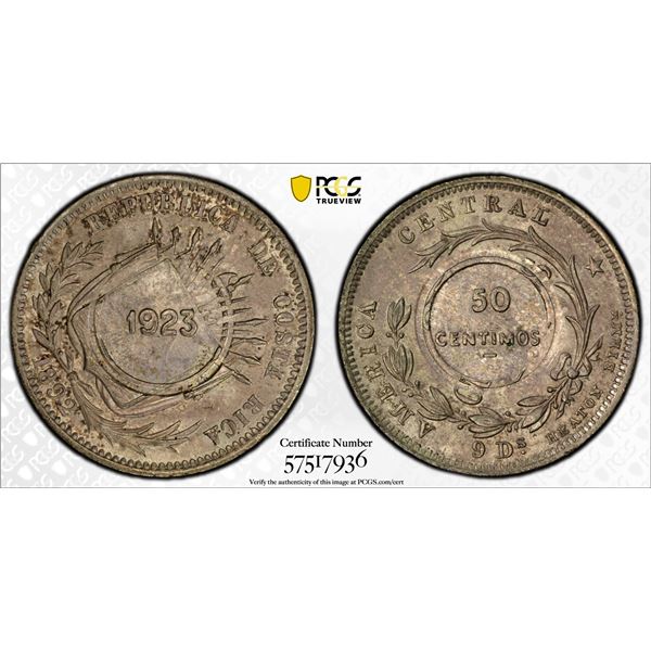 COSTA RICA: Republic, AR 50 centimos, 1923, PCGS MS63
