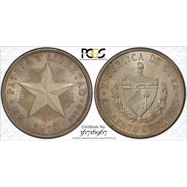 CUBA: Republic, AR 40 centavos, 1915, PCGS UNC details