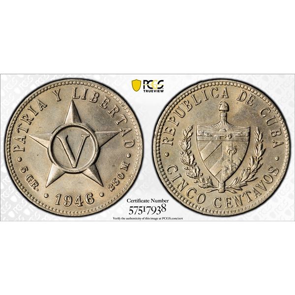 CUBA: Republic, 5 centavos, 1946, PCGS MS64