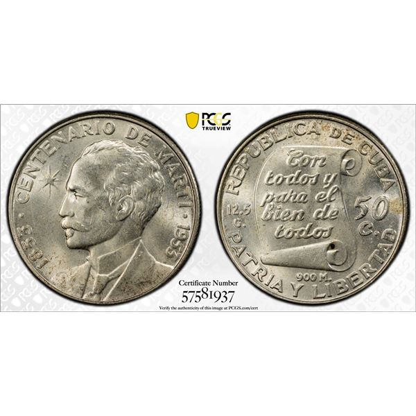 CUBA: Republic, AR 50 centavos, 1953, PCGS MS64