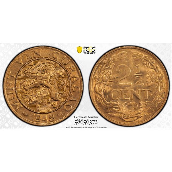 CURAÇAO: Wilhelmina, 1890-1948, AE 2½ cents, 1948, PCGS MS66 RD