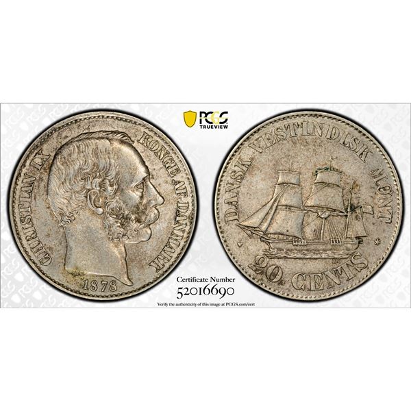 DANISH WEST INDIES: Christian IX, 1863-1906, AR 20 cents, 1878, PCGS AU55