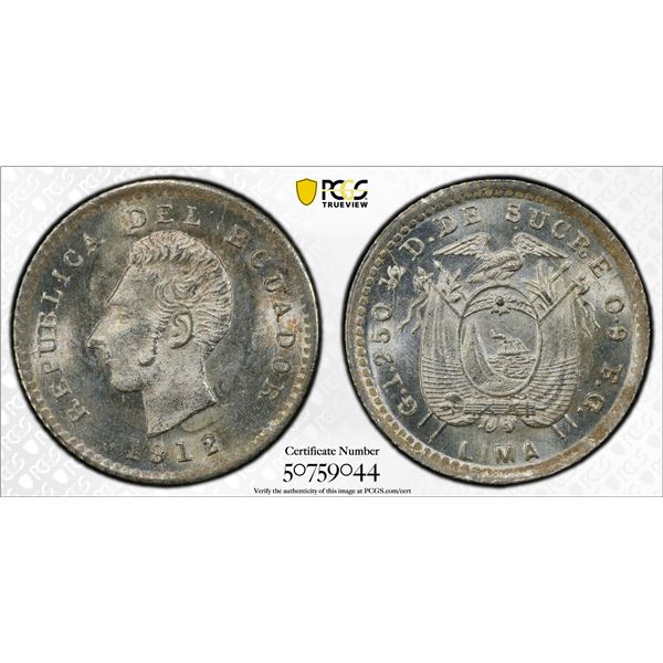 ECUADOR: Republic, AR 1/2 décimo, Lima, 1912, PCGS MS65