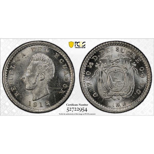 ECUADOR: Republic, AR 1/2 décimo, Lima, 1912, PCGS MS65