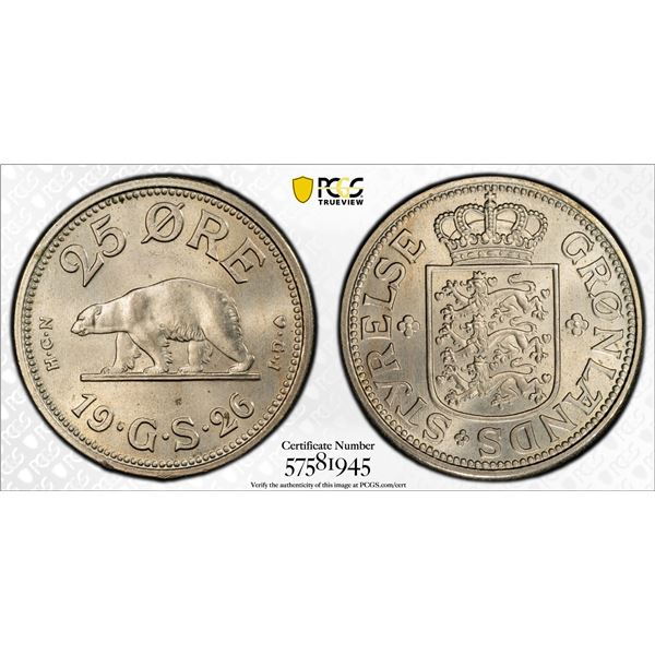 GREENLAND: Christian X, 1912-1947, 25 ore, 1926, PCGS MS65