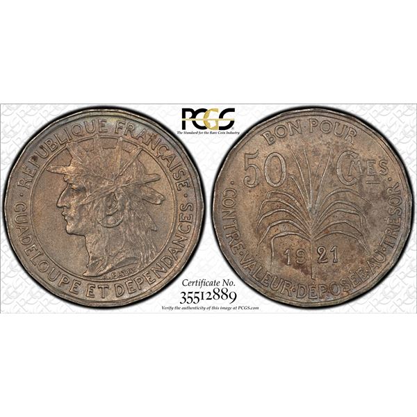 GUADELOUPE: French Colony, 50 centimes, 1921, PCGS MS62