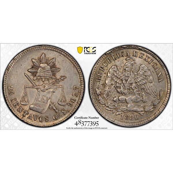 MEXICO: Republic, AR 25 centavos, 1880-Go, PCGS AU58