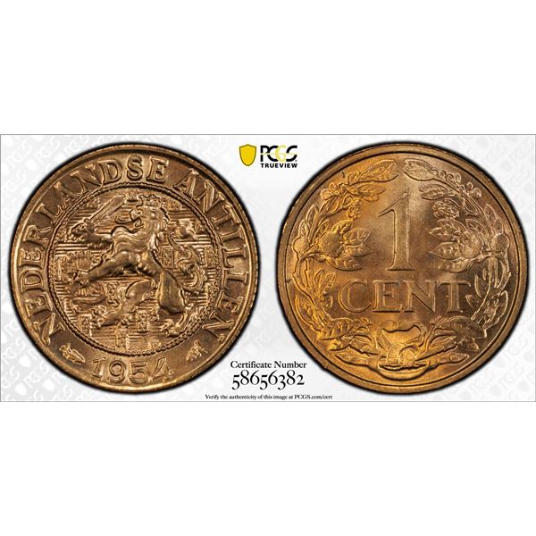 NETHERLANDS ANTILLES: Juliana, 1948-1980, AE cent, 1954, PCGS MS66 RD
