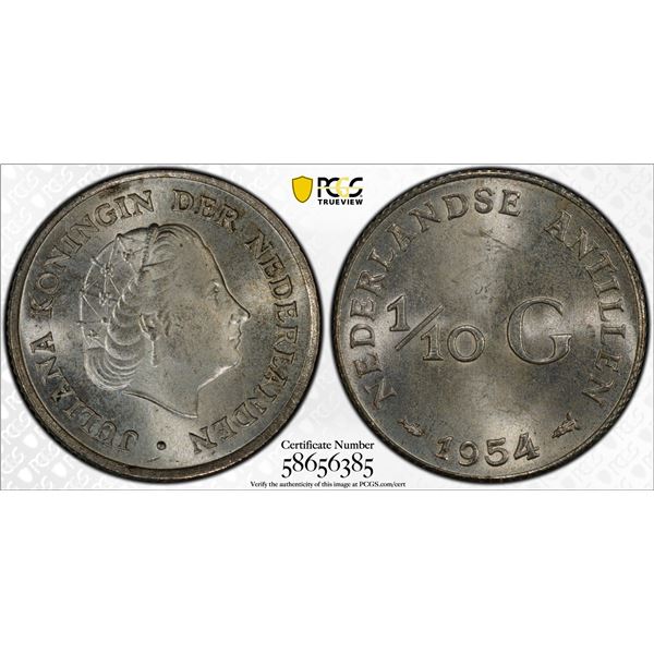 NETHERLANDS ANTILLES: Juliana, 1948-1980, AR 1/10 gulden, 1954, PCGS MS65