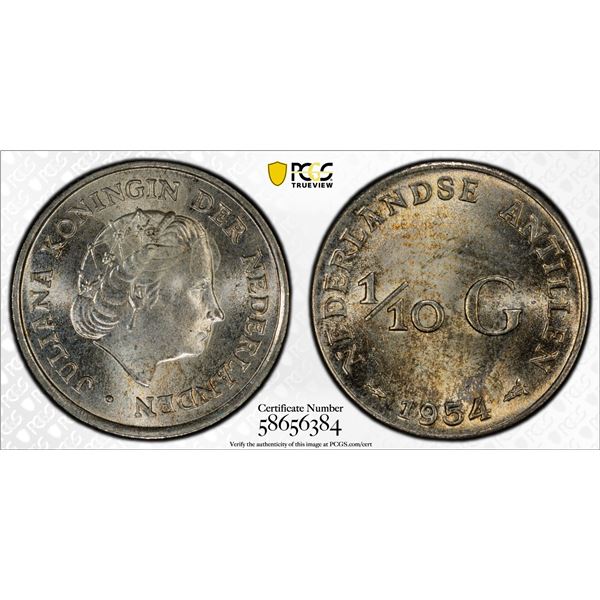 NETHERLANDS ANTILLES: Juliana, 1948-1980, AR 1/10 gulden, 1954, PCGS MS64