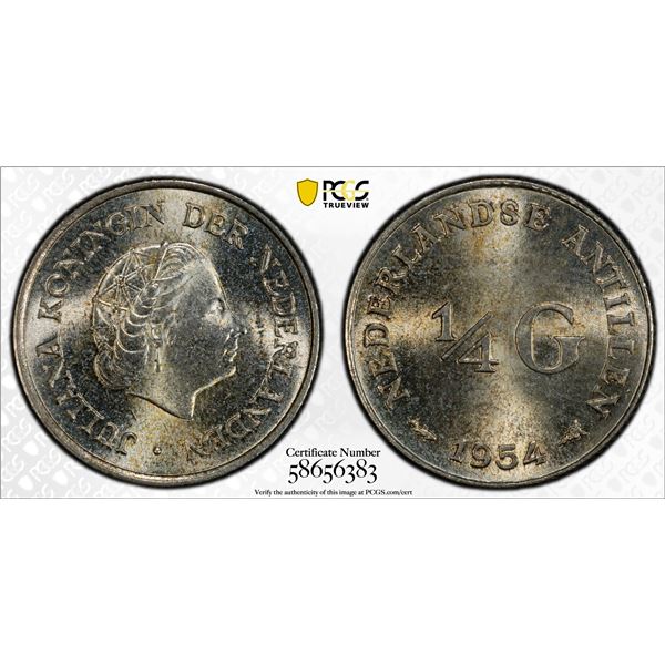 NETHERLANDS ANTILLES: Juliana, 1948-1980, AR 1/4 gulden, 1954, PCGS MS64