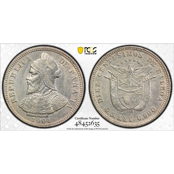 PANAMA: Republic, AR 10 centesimos, 1904, PCGS AU58