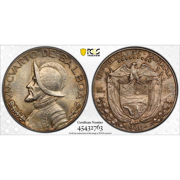 PANAMA: Republic, AR 1/4 balboa, 1930, PCGS MS62