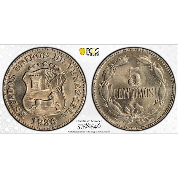 VENEZUELA: Republic, 5 centimos, 1936, PCGS MS66