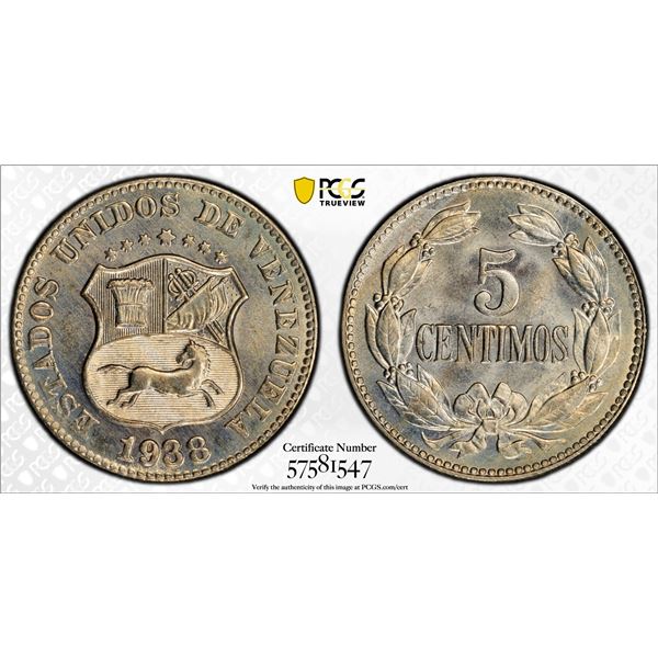 VENEZUELA: Republic, 5 centimos, 1938, PCGS MS66
