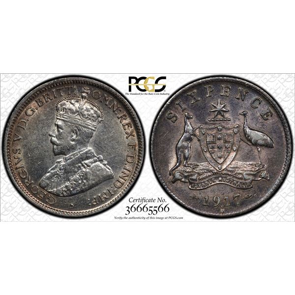 AUSTRALIA: George V, 1910-1936, AR sixpence, 1917-M, PCGS AU55