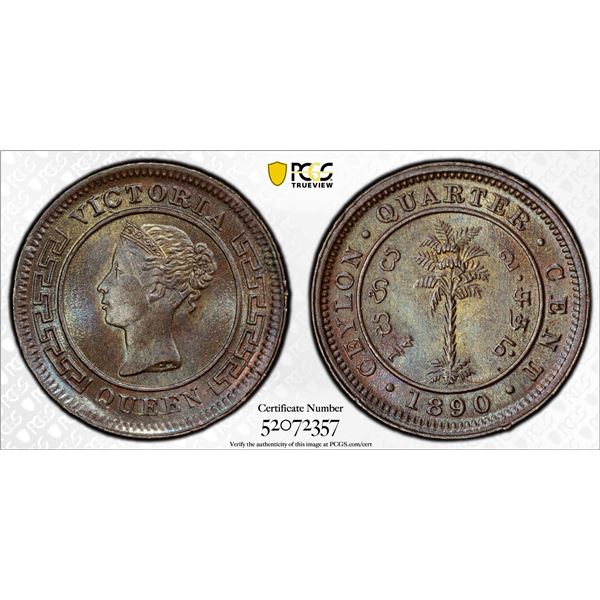 CEYLON: Victoria, 1837-1901, AE 1/4 cent, 1890, PCGS MS66 BN