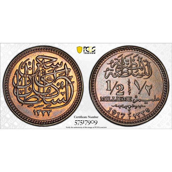 EGYPT: Hussein Kamel, 1914-1917, AE 1/2 millieme, 1917/AH1335, PCGS MS64 BN