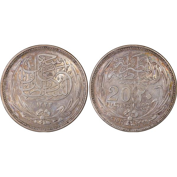 EGYPT: Hussein Kamel, 1914-1917, AR 20 piastres, 1917/AH1335, PCGS AU50