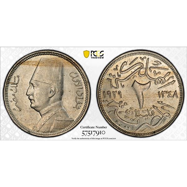 EGYPT: Fuad I, King, 1922-1936, 2 milliemes, 1929/AH1348, PCGS MS64