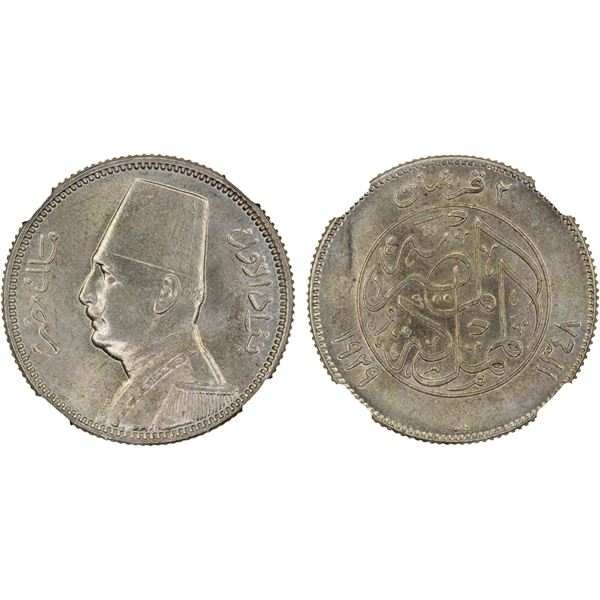 EGYPT: Fuad I, King, 1922-1936, AR 2 piastres, 1929/AH1348, NGC MS64 +