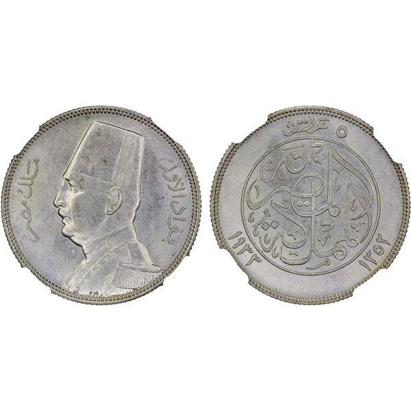 EGYPT: Fuad I, King, 1922-1936, AR 5 piastres, 1933/AH1352, NGC UNC details