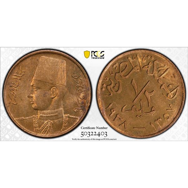EGYPT: Farouk, 1936-1952, AE 1/2 millieme, 1938/AH1357, PCGS MS64 RB