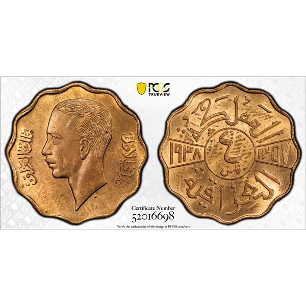 IRAQ: Ghazi I, 1933-1939, AE 4 fils, 1938/AH1357, PCGS MS64 RB