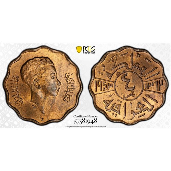 IRAQ: Faisal II, 1939-1953, AE 4 fils, 1943/AH1362, PCGS MS64 RB