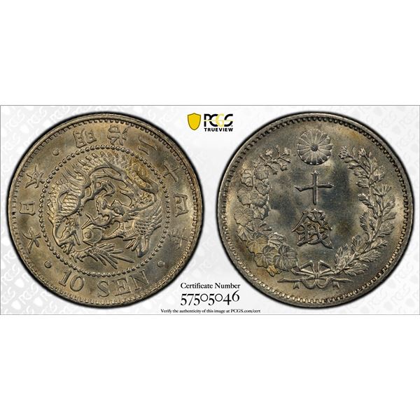 JAPAN: Meiji, 1868-1912, AR 10 sen, year 24 (1891), PCGS MS64