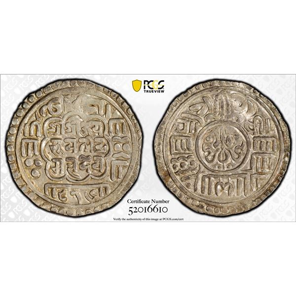 NEPAL: BHATGAON: Jaya Bhupatindra Malla, 1696-1722, AR mohar, NS816 (1696), PCGS AU55