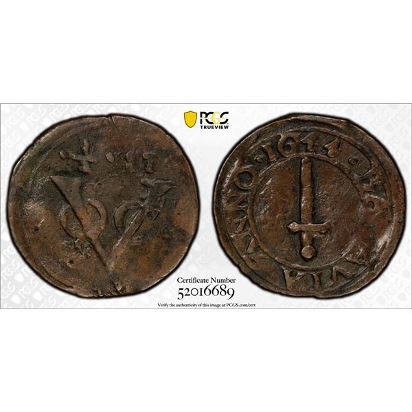 NETHERLANDS EAST INDIES: AE 1/2 stuiver, 1644, PCGS VF details