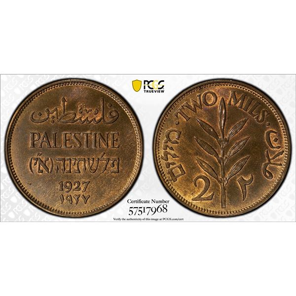 PALESTINE: British Mandate, AE 2 mils, 1927, PCGS MS65 BN