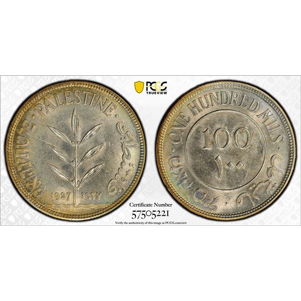 PALESTINE: British Mandate, AR 100 mils, 1927, PCGS MS62