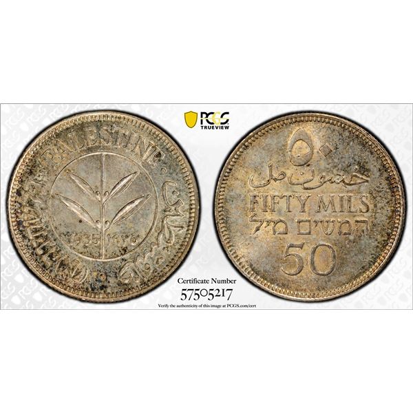 PALESTINE: British Mandate, AR 50 mils, 1935, PCGS MS63