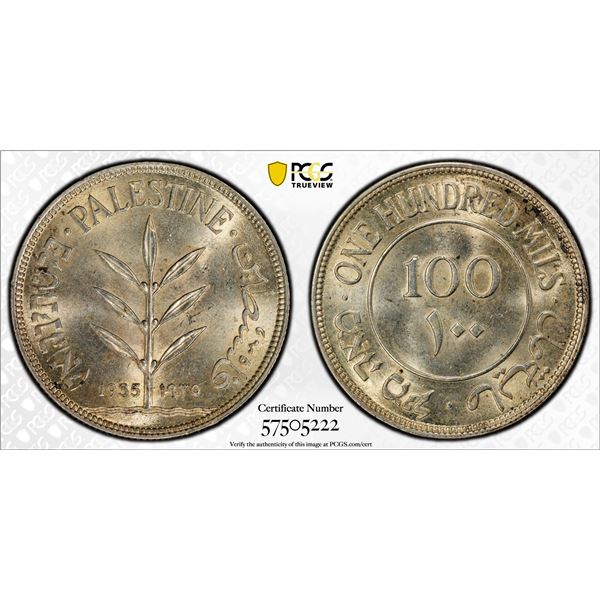 PALESTINE: British Mandate, AR 100 mils, 1935, PCGS MS62