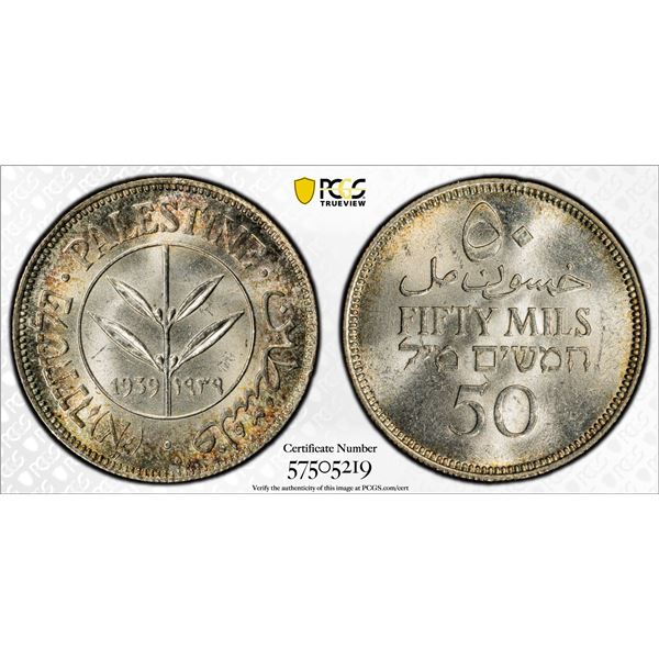 PALESTINE: British Mandate, AR 50 mils, 1939, PCGS MS63